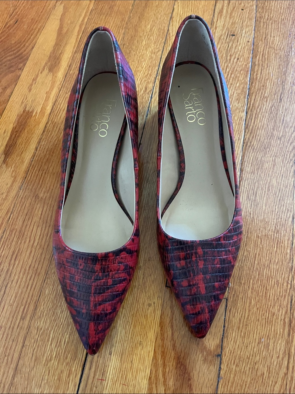 Franco Sarto Red and Black Textured Pointed Toe Pumps